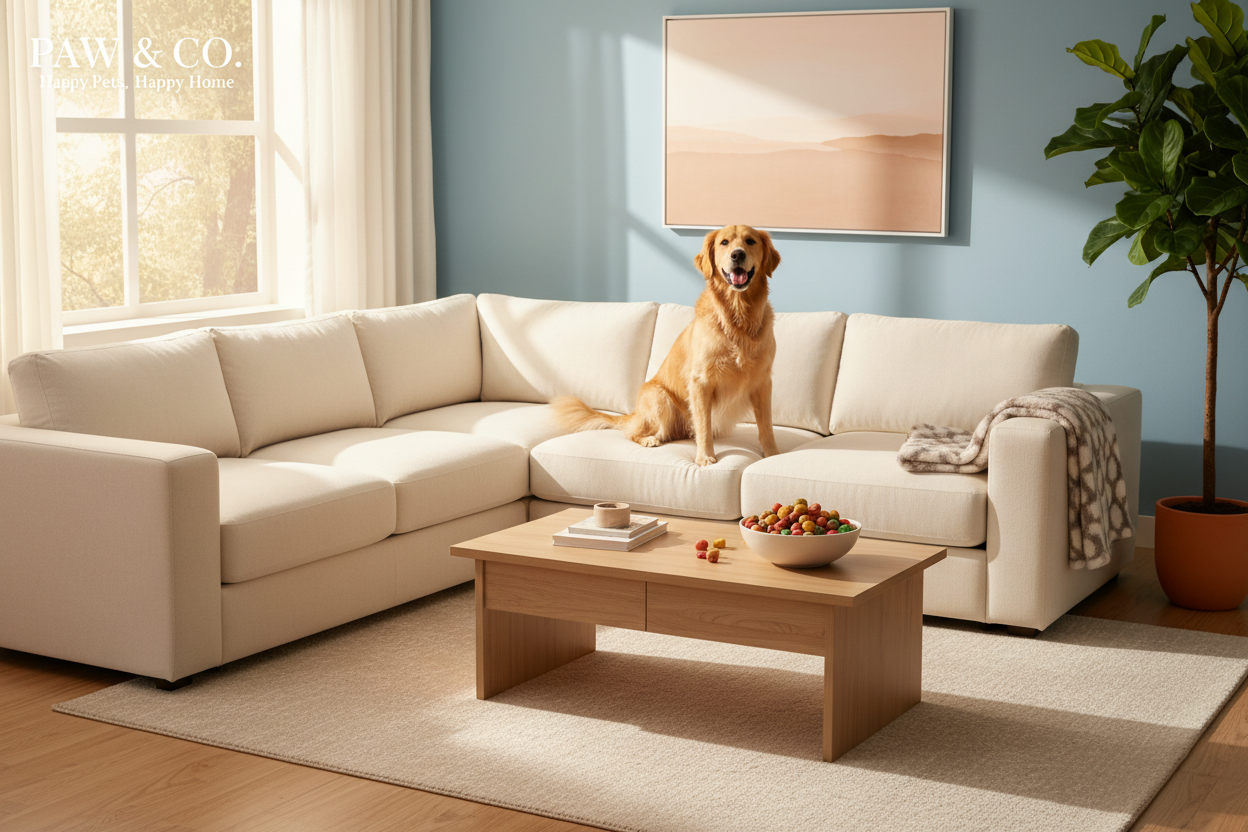 Happy dog on clean couch