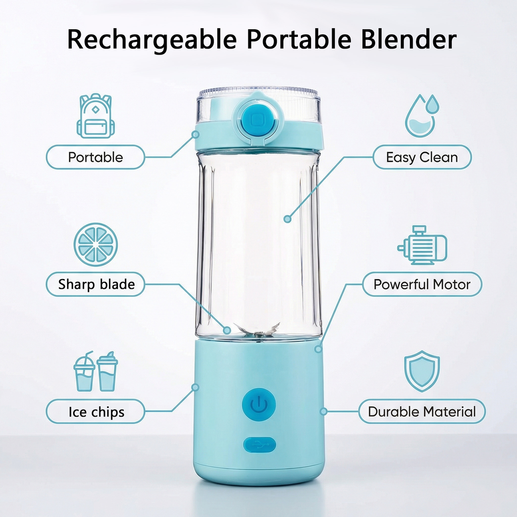 Portable Personal Blender | USB Rechargeable Smoothie & Protein Shake Blender | 500ml Travel Mixer Bottle