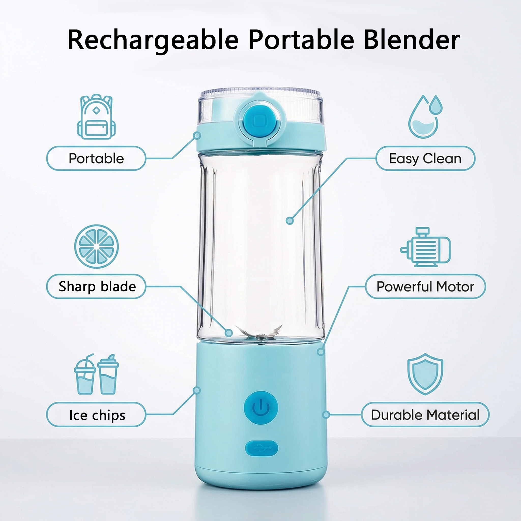 Portable Personal Blender | USB Rechargeable Smoothie & Protein Shake Blender | 500ml Travel Mixer Bottle