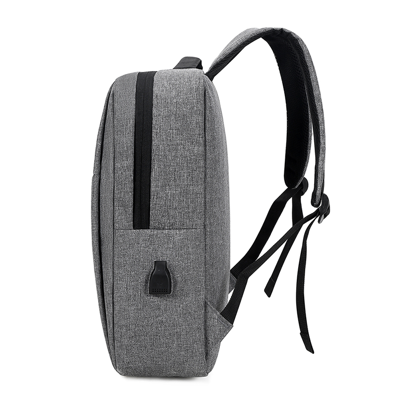 Side profile view of gray laptop backpack