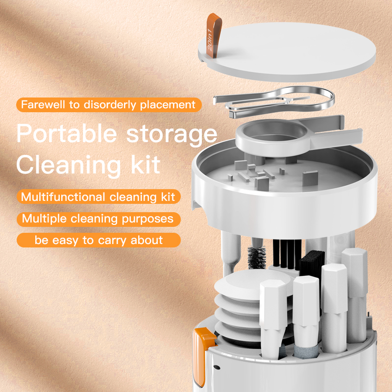 Portable storage cleaning kit exploded layers showing 20 tools organized inside