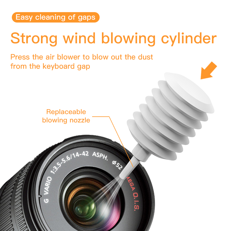 Strong wind blowing cylinder with replaceable nozzle cleaning camera lens gap