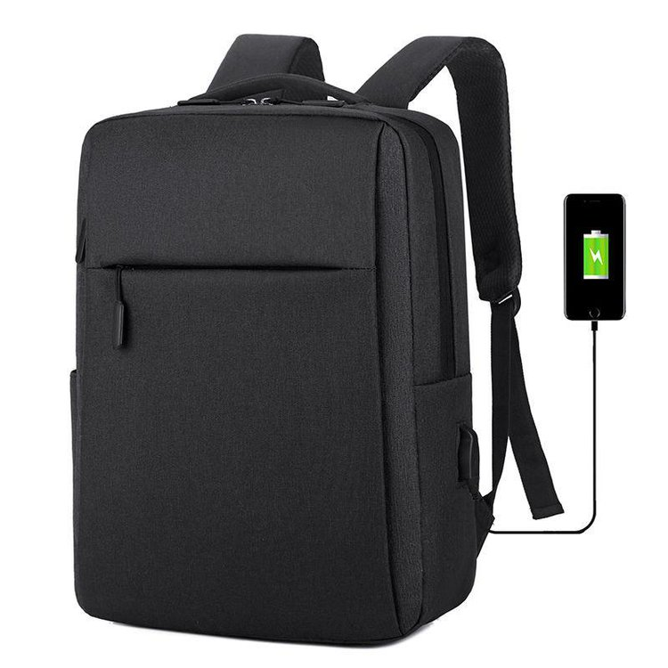 Black USB charging laptop backpack with phone charging via USB port