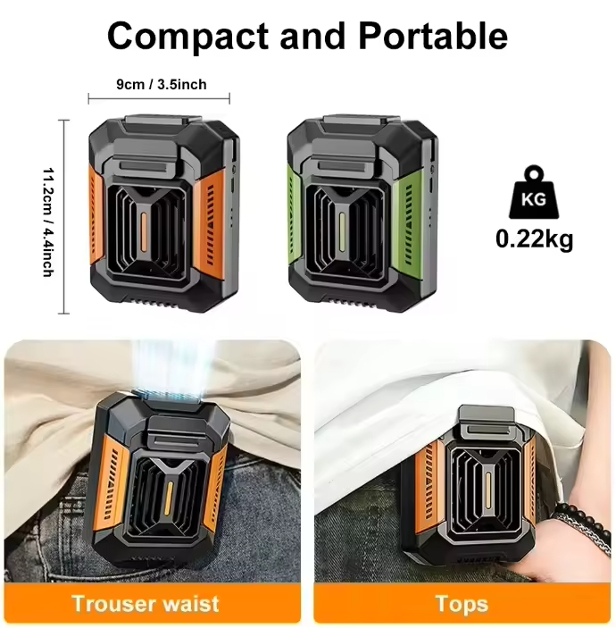 Compact and portable fan dimensions 9cm x 11.2cm, 0.22kg, clips to trouser waist or tops
