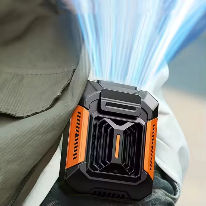 Portable waist fan clipped to clothing showing powerful airflow