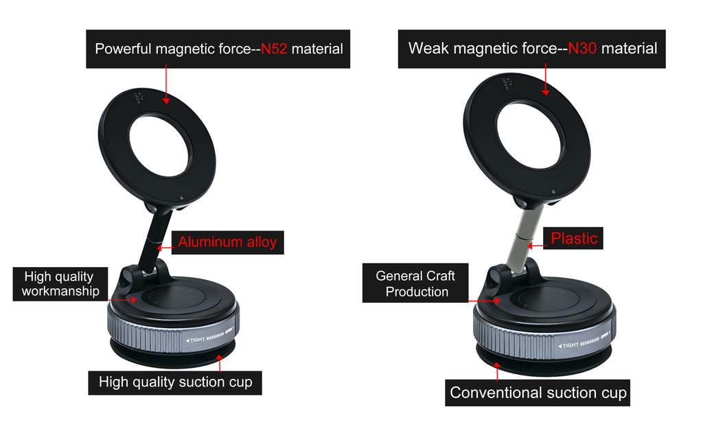 N52 vs N30 magnet comparison: aluminum alloy arm and high quality suction cup