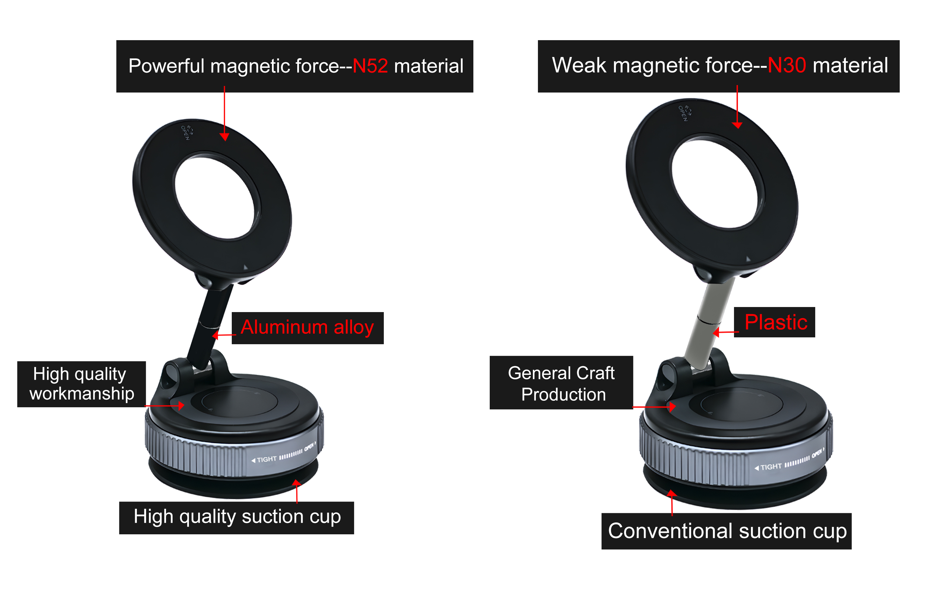 N52 vs N30 magnet comparison: aluminum alloy arm and high quality suction cup