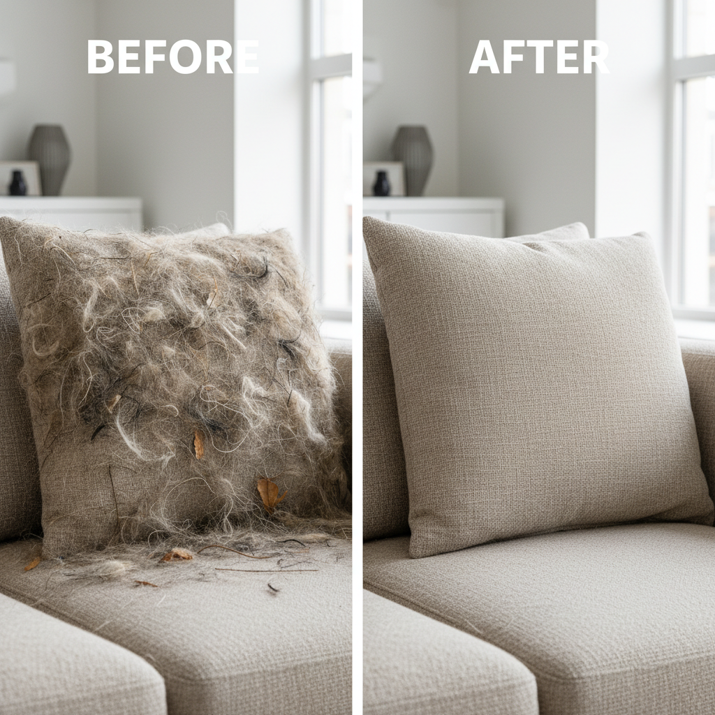 Before and after showing hair-covered couch vs clean couch after using FurFix