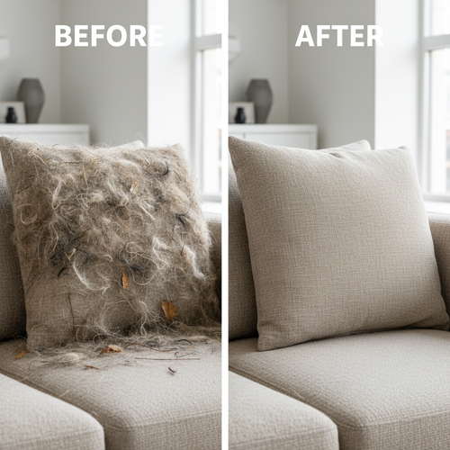 Before and after showing hair-covered couch vs clean couch after using FurFix