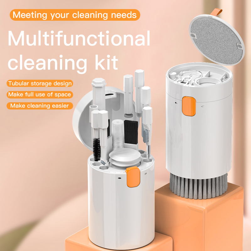 Multifunctional cleaning kit with tubular storage design open and closed