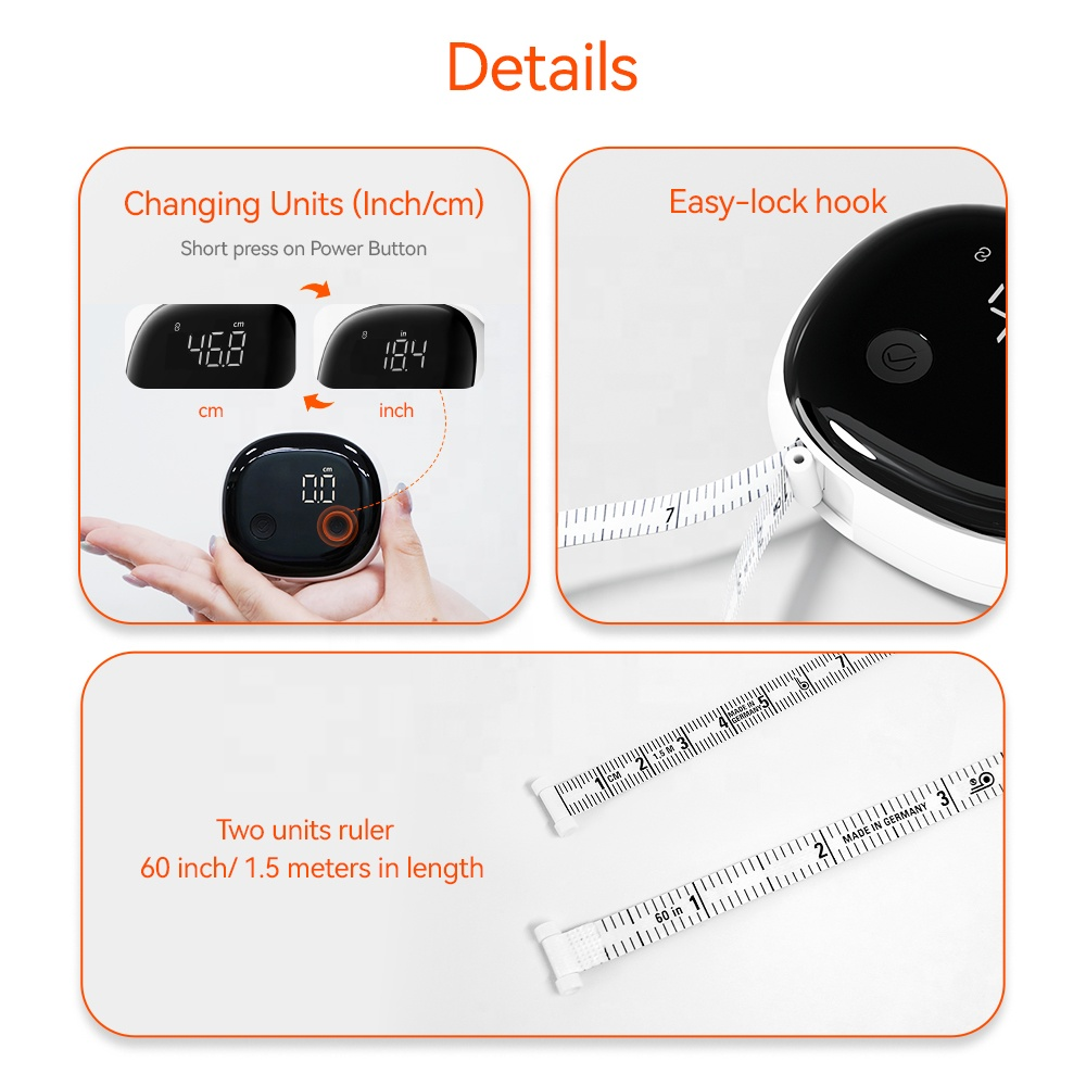 Unit switching inch/cm, easy-lock hook, and 60in/1.5m ruler details
